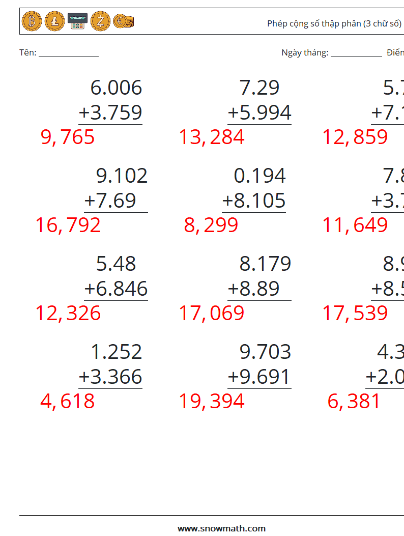 (12) Phép cộng số thập phân (3 chữ số) Bảng tính toán học 14 Câu hỏi, câu trả lời