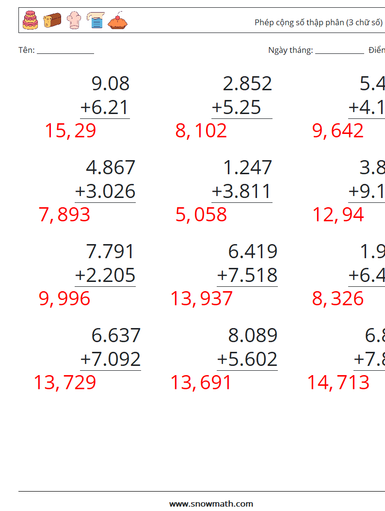 (12) Phép cộng số thập phân (3 chữ số) Bảng tính toán học 18 Câu hỏi, câu trả lời