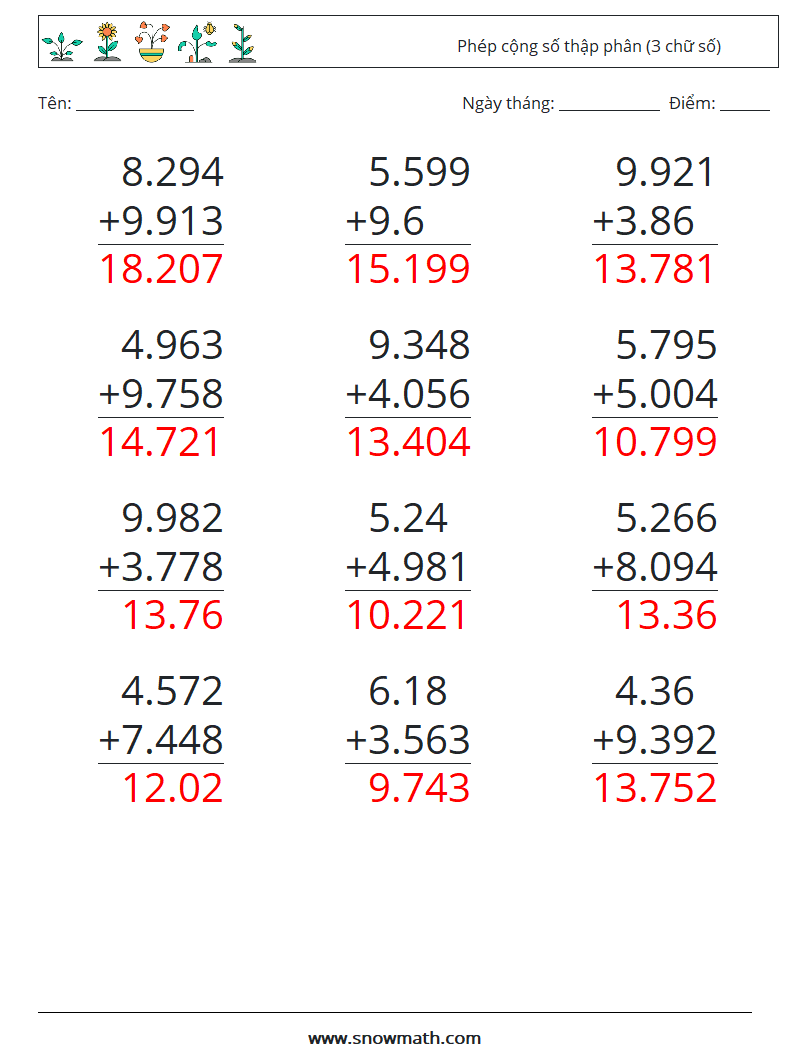(12) Phép cộng số thập phân (3 chữ số) Bảng tính toán học 1 Câu hỏi, câu trả lời
