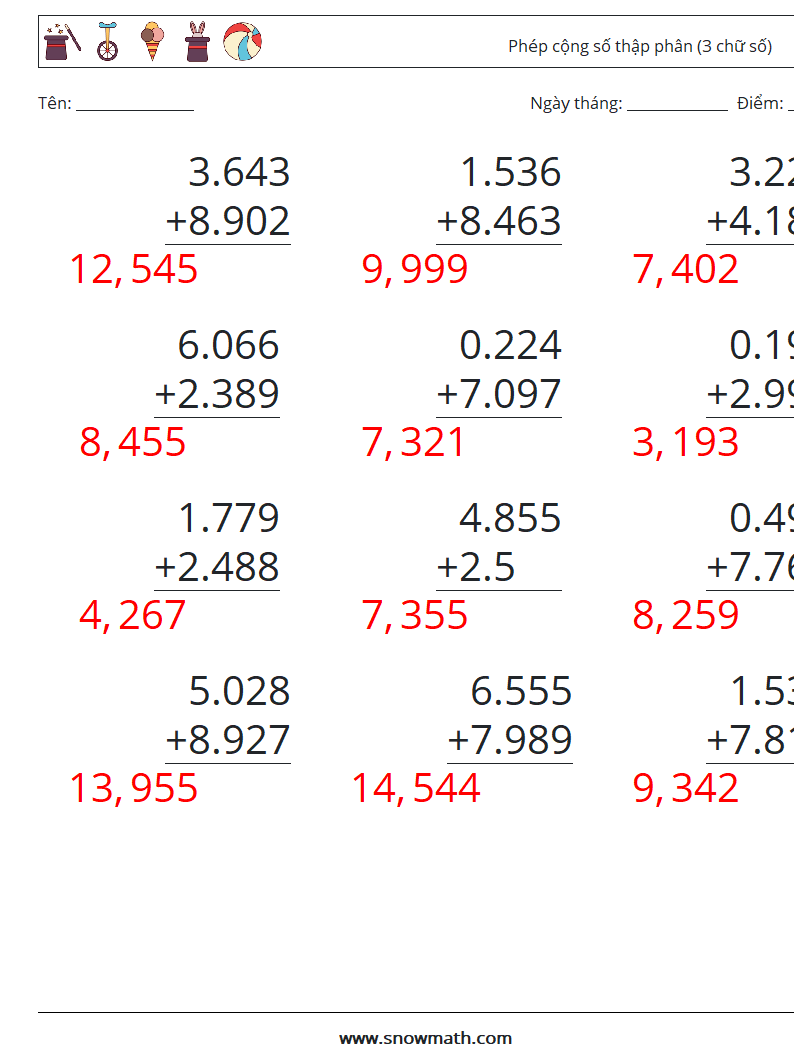 (12) Phép cộng số thập phân (3 chữ số) Bảng tính toán học 4 Câu hỏi, câu trả lời