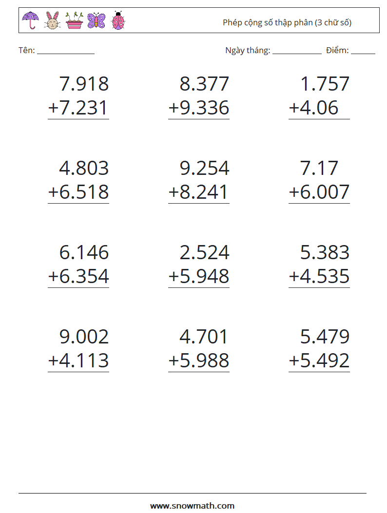 (12) Phép cộng số thập phân (3 chữ số) Bảng tính toán học 6
