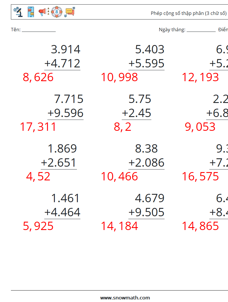 (12) Phép cộng số thập phân (3 chữ số) Bảng tính toán học 7 Câu hỏi, câu trả lời