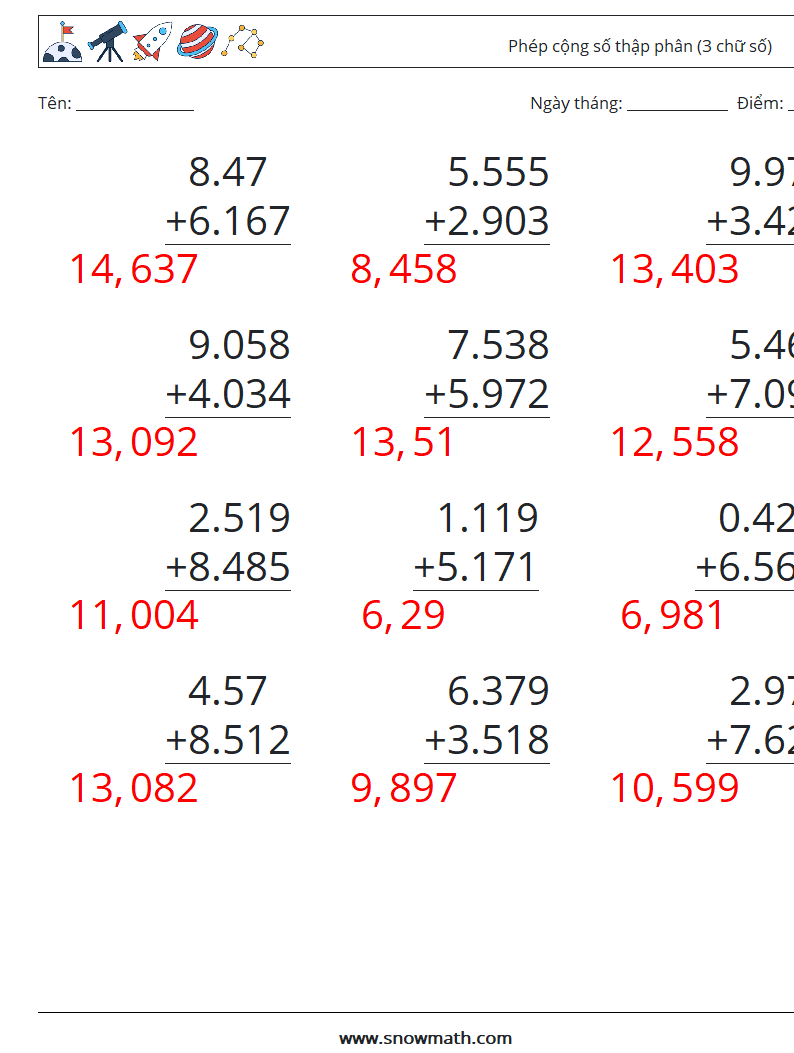 (12) Phép cộng số thập phân (3 chữ số) Bảng tính toán học 8 Câu hỏi, câu trả lời
