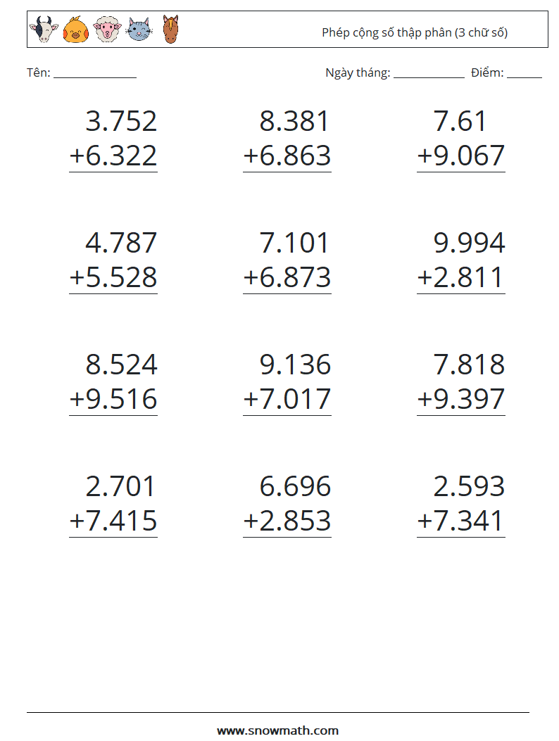 (12) Phép cộng số thập phân (3 chữ số) Bảng tính toán học 9