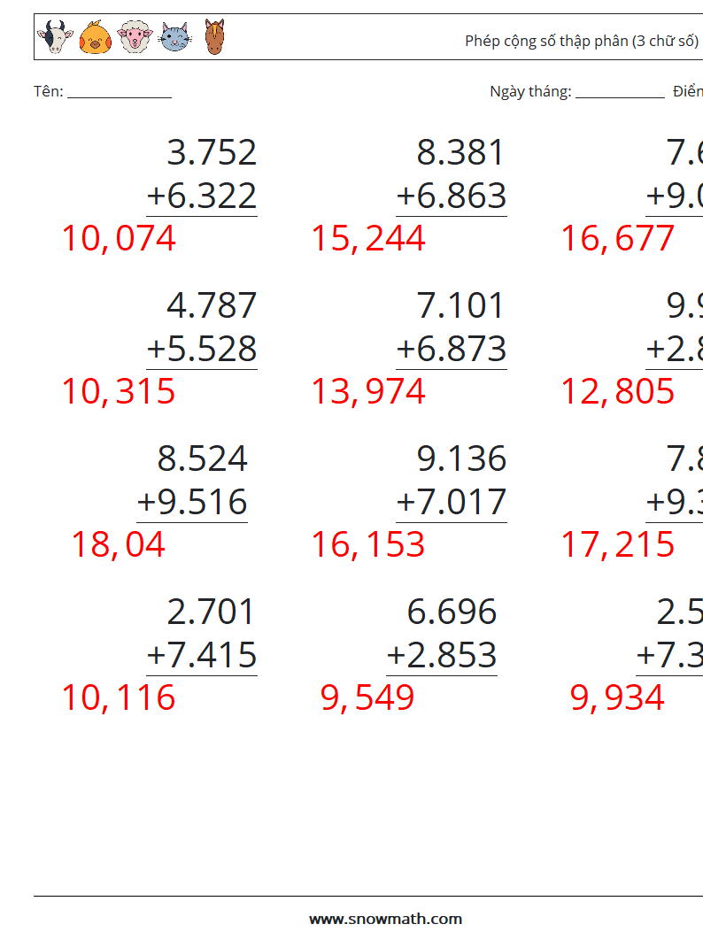 (12) Phép cộng số thập phân (3 chữ số) Bảng tính toán học 9 Câu hỏi, câu trả lời