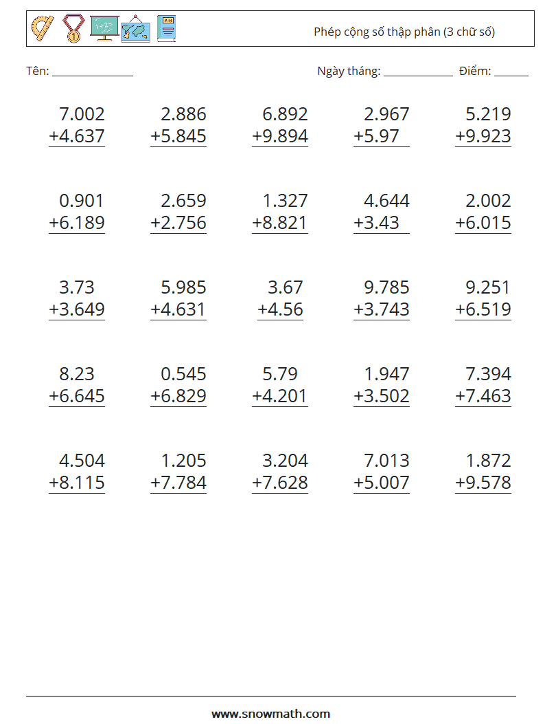 (25) Phép cộng số thập phân (3 chữ số) Bảng tính toán học 1