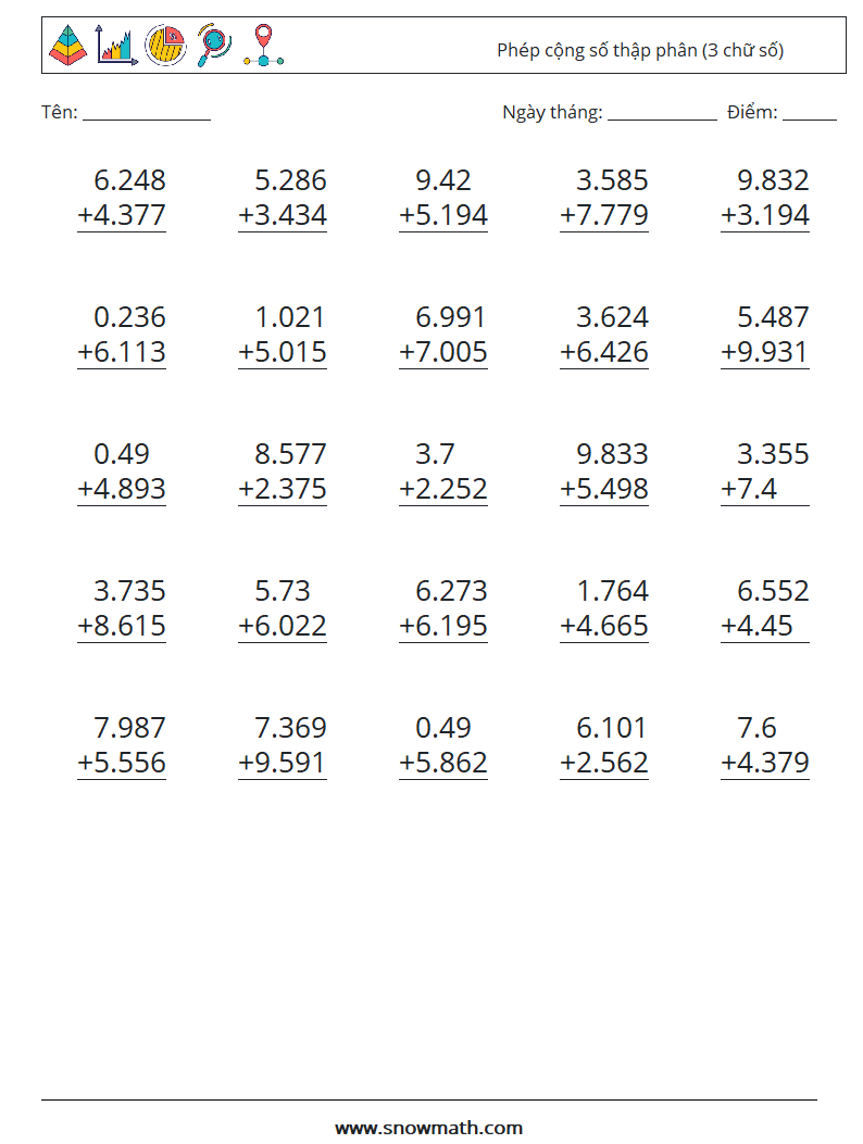 (25) Phép cộng số thập phân (3 chữ số) Bảng tính toán học 10