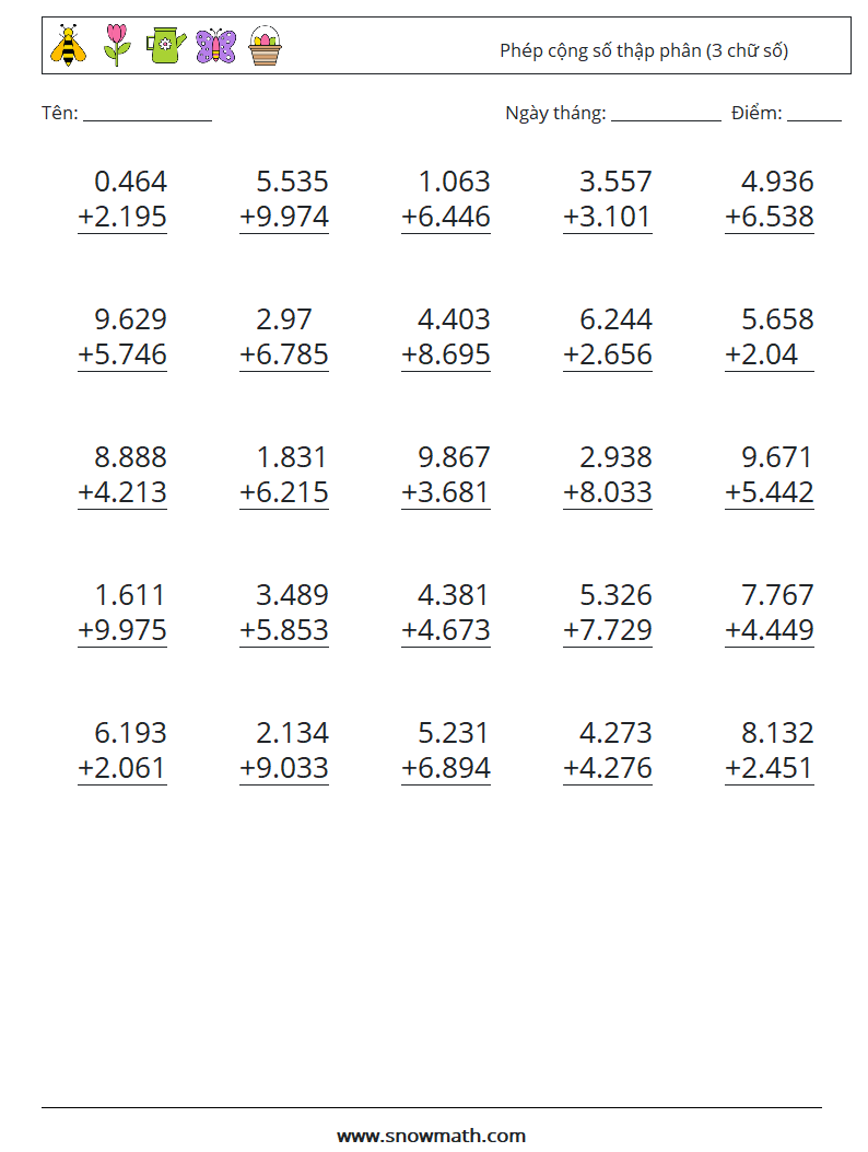 (25) Phép cộng số thập phân (3 chữ số) Bảng tính toán học 14