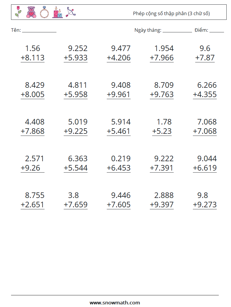 (25) Phép cộng số thập phân (3 chữ số) Bảng tính toán học 2