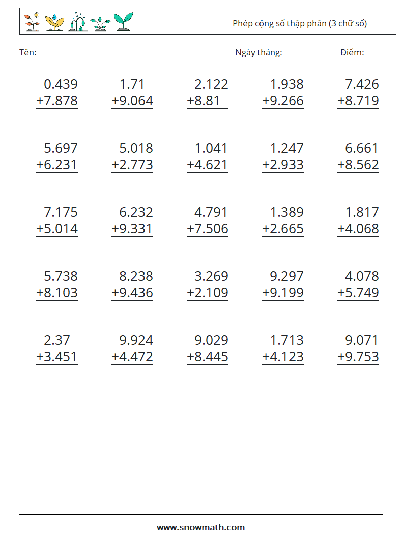 (25) Phép cộng số thập phân (3 chữ số) Bảng tính toán học 8