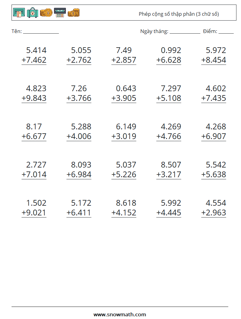 (25) Phép cộng số thập phân (3 chữ số) Bảng tính toán học 9