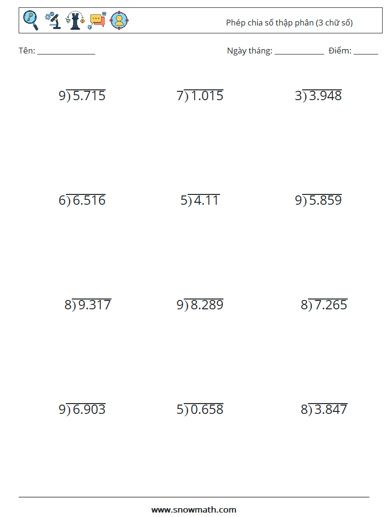 (12) Phép chia số thập phân (3 chữ số) Bảng tính toán học 8