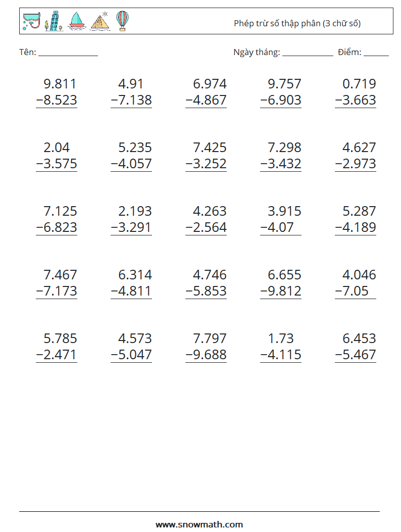 (25) Phép trừ số thập phân (3 chữ số) Bảng tính toán học 10