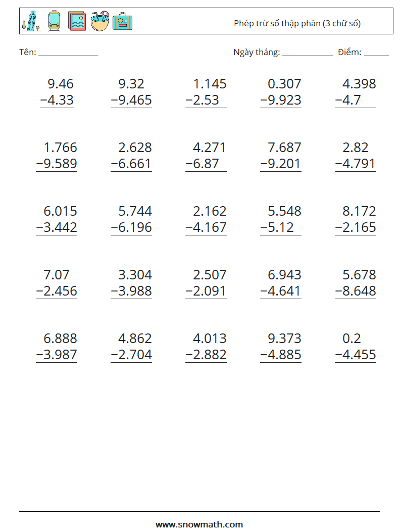 (25) Phép trừ số thập phân (3 chữ số) Bảng tính toán học 14