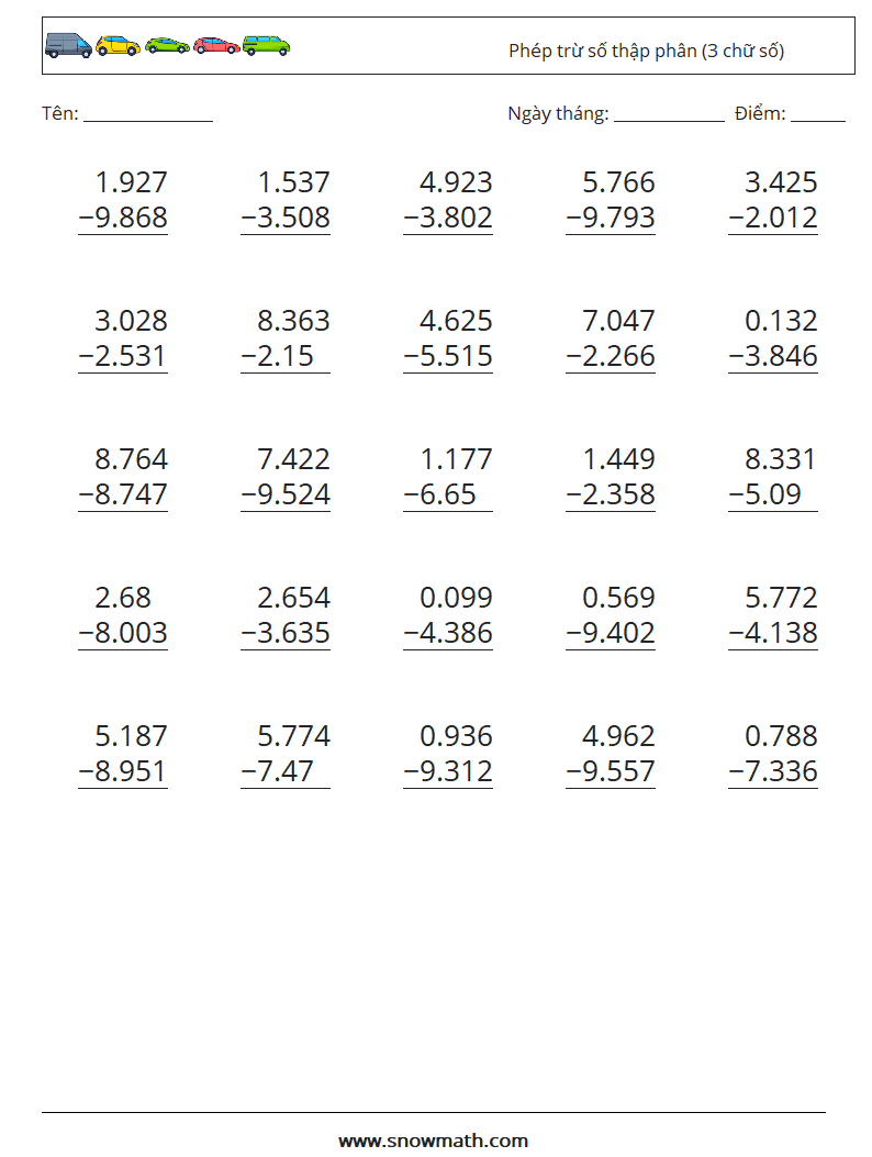 (25) Phép trừ số thập phân (3 chữ số) Bảng tính toán học 17