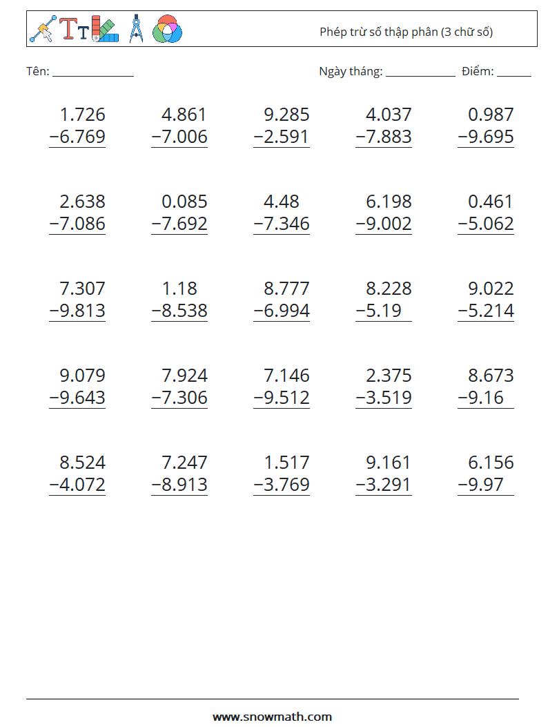 (25) Phép trừ số thập phân (3 chữ số) Bảng tính toán học 4