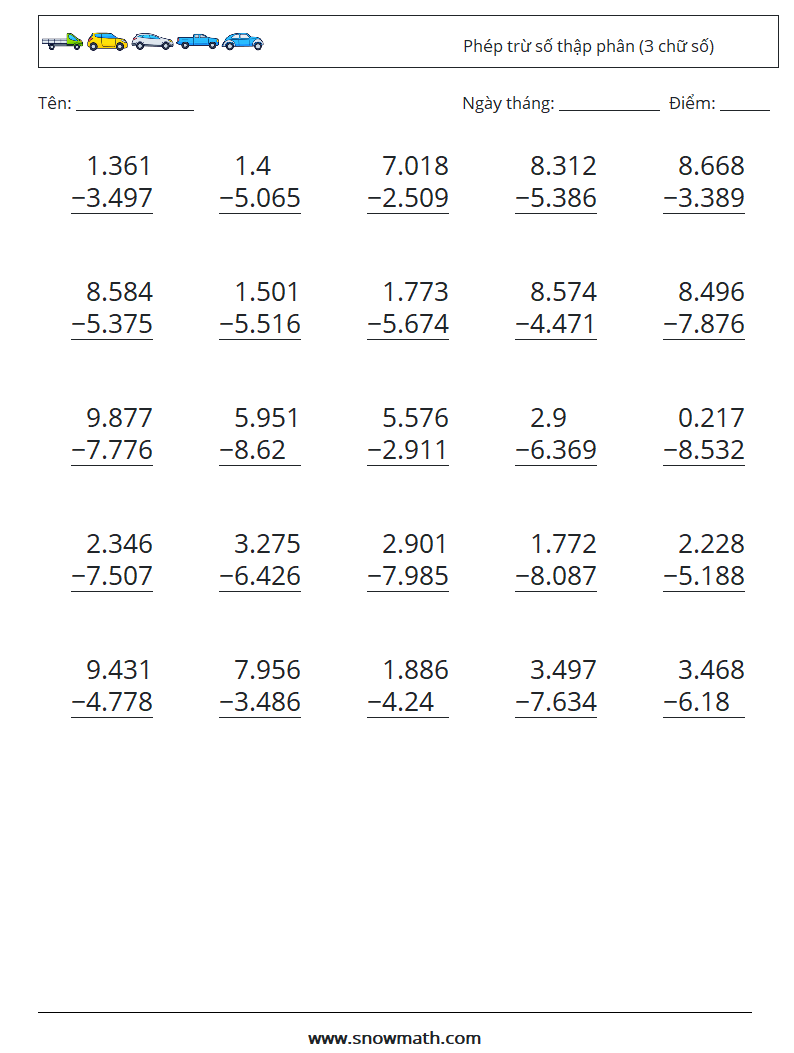 (25) Phép trừ số thập phân (3 chữ số) Bảng tính toán học 5