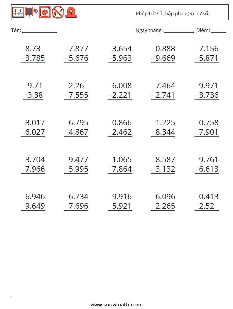 (25) Phép trừ số thập phân (3 chữ số) Bảng tính toán học 8