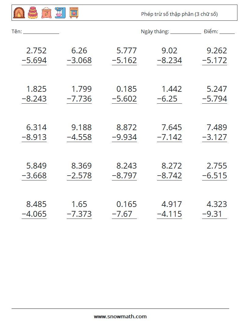 (25) Phép trừ số thập phân (3 chữ số) Bảng tính toán học 9