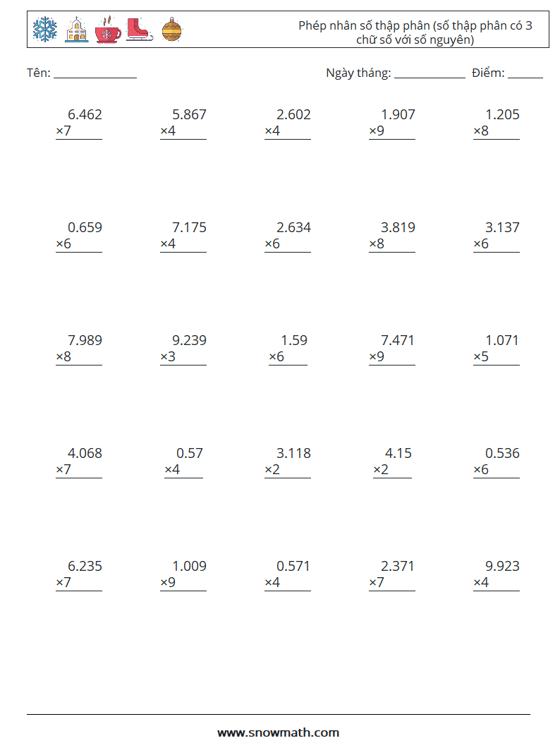 (25) Phép nhân số thập phân (số thập phân có 3 chữ số với số nguyên)