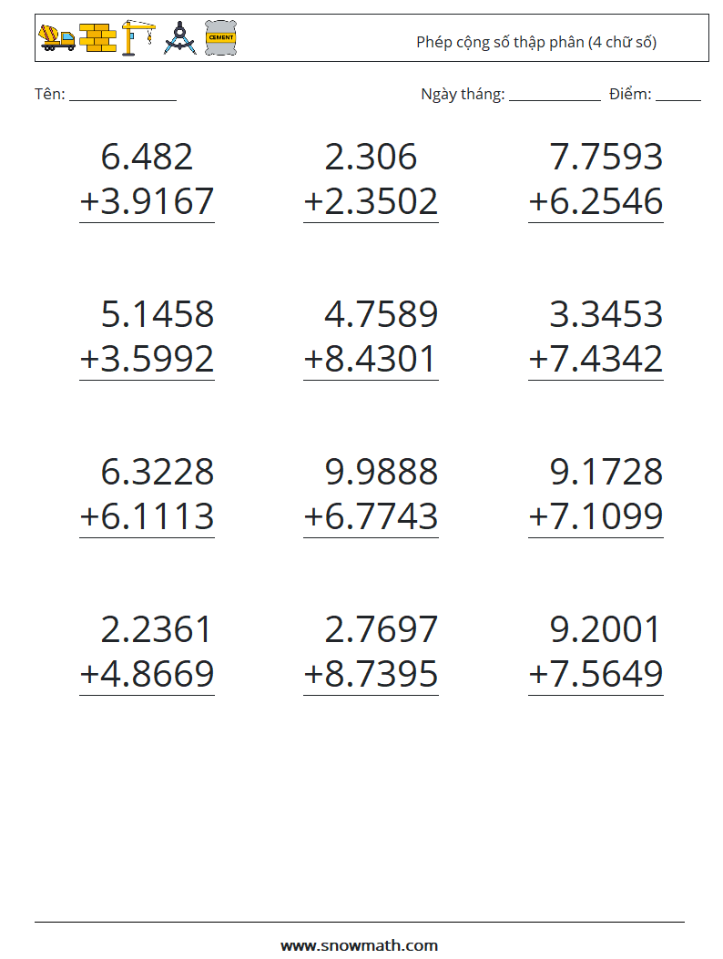 (12) Phép cộng số thập phân (4 chữ số)