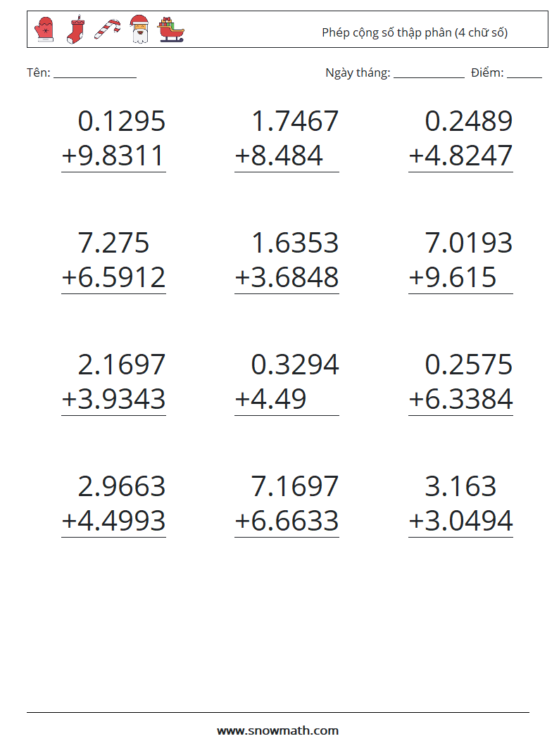 (12) Phép cộng số thập phân (4 chữ số) Bảng tính toán học 10