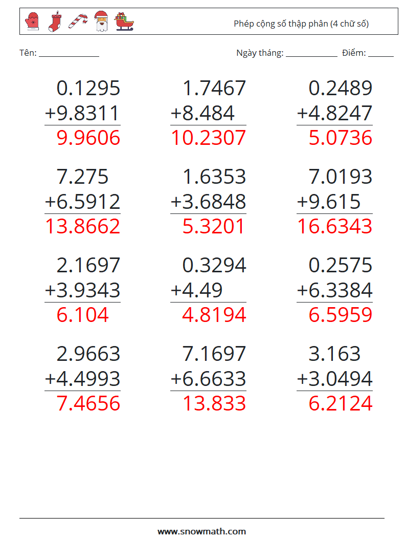 (12) Phép cộng số thập phân (4 chữ số) Bảng tính toán học 10 Câu hỏi, câu trả lời
