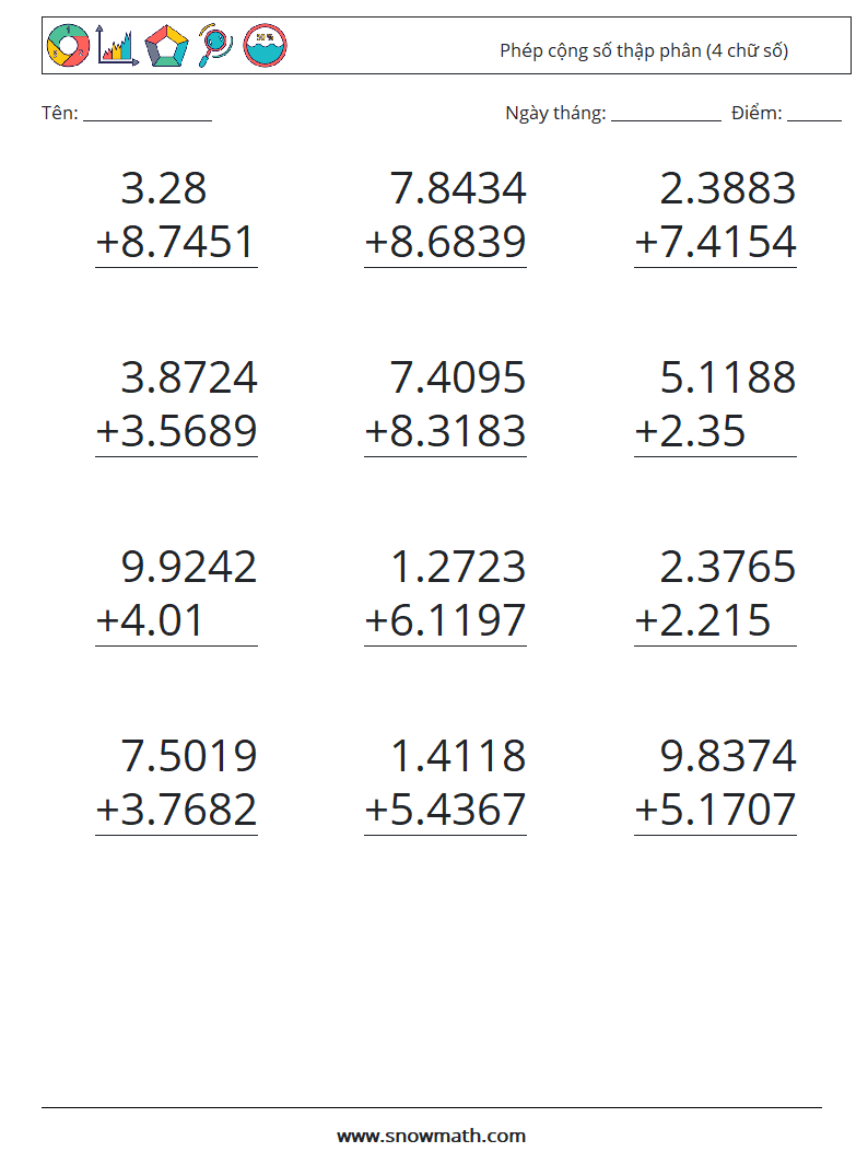 (12) Phép cộng số thập phân (4 chữ số) Bảng tính toán học 11