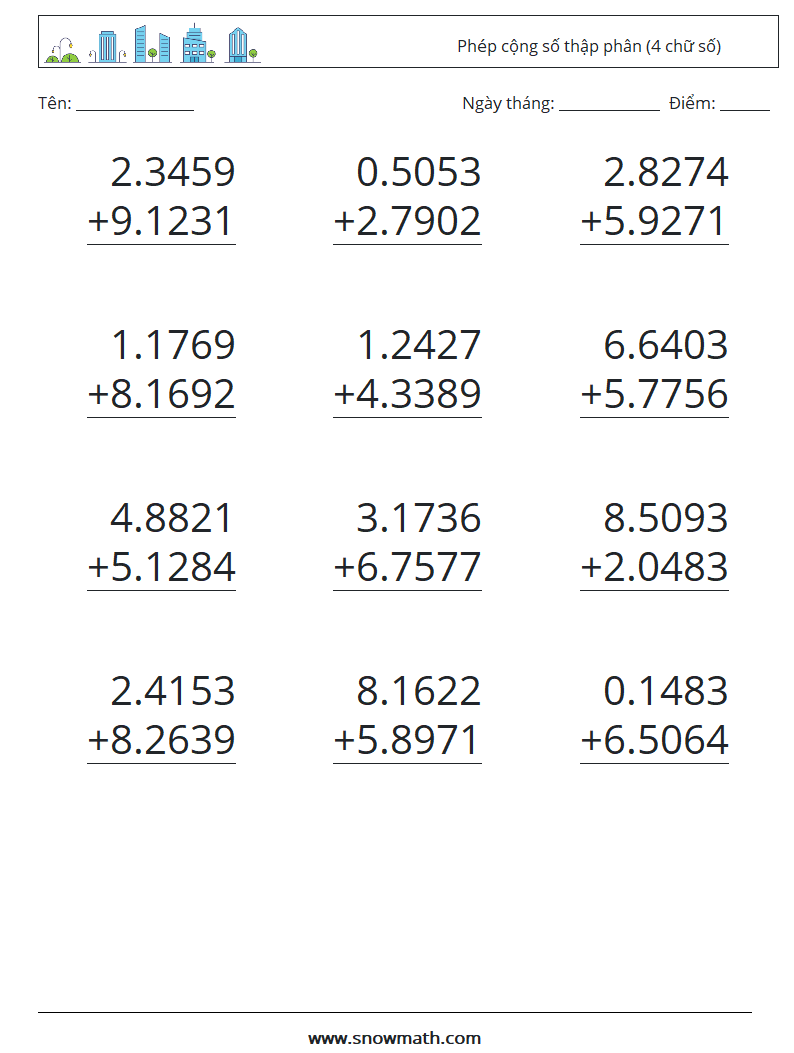(12) Phép cộng số thập phân (4 chữ số) Bảng tính toán học 12