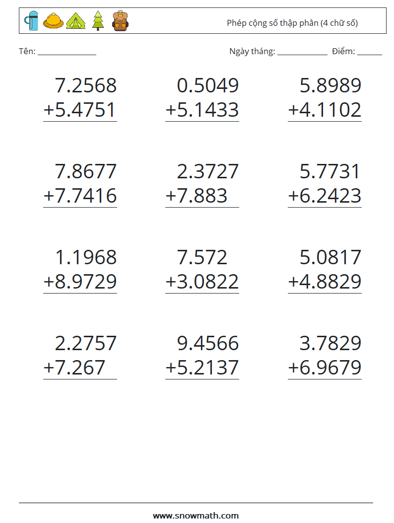 (12) Phép cộng số thập phân (4 chữ số) Bảng tính toán học 13