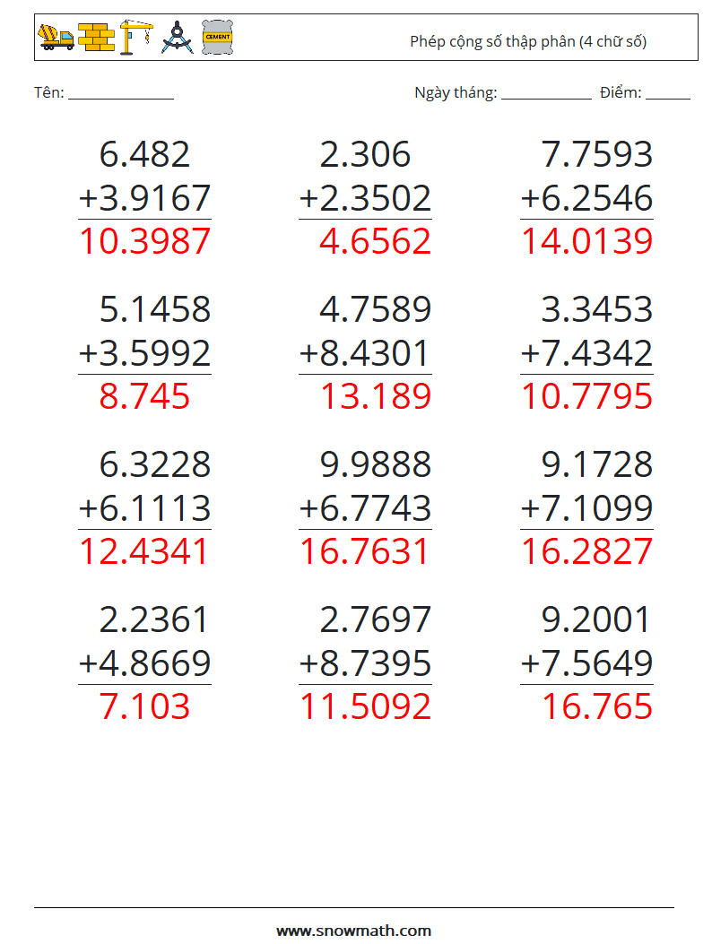 (12) Phép cộng số thập phân (4 chữ số) Bảng tính toán học 1 Câu hỏi, câu trả lời