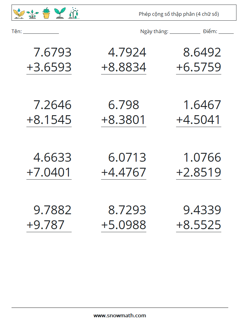 (12) Phép cộng số thập phân (4 chữ số) Bảng tính toán học 2
