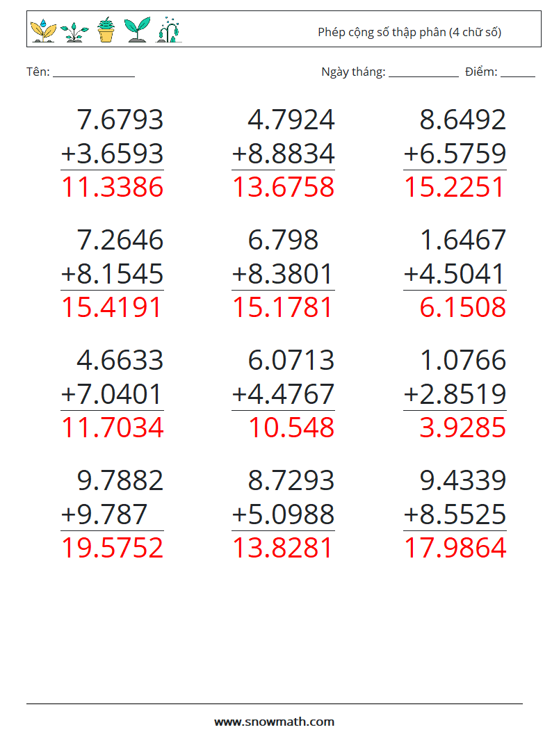(12) Phép cộng số thập phân (4 chữ số) Bảng tính toán học 2 Câu hỏi, câu trả lời