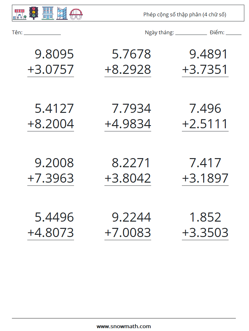 (12) Phép cộng số thập phân (4 chữ số) Bảng tính toán học 4