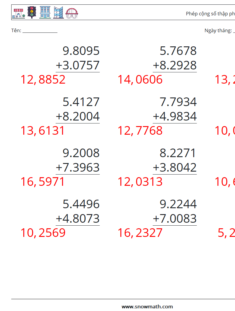 (12) Phép cộng số thập phân (4 chữ số) Bảng tính toán học 4 Câu hỏi, câu trả lời