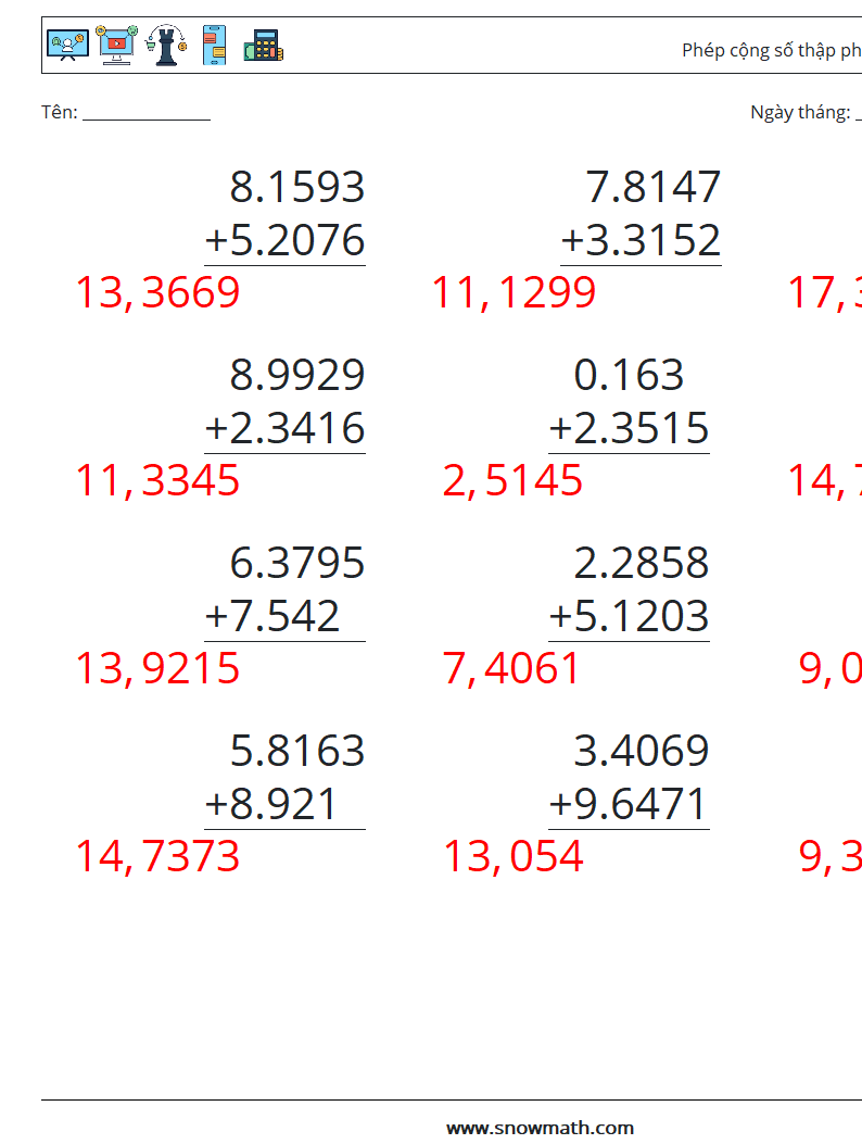 (12) Phép cộng số thập phân (4 chữ số) Bảng tính toán học 5 Câu hỏi, câu trả lời