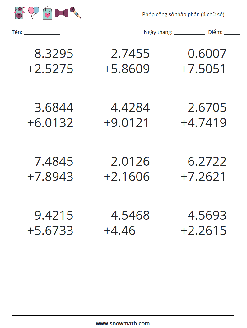 (12) Phép cộng số thập phân (4 chữ số) Bảng tính toán học 7