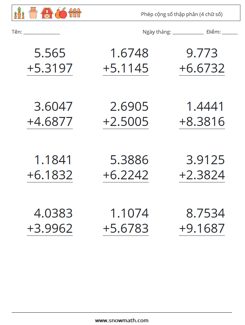 (12) Phép cộng số thập phân (4 chữ số) Bảng tính toán học 9