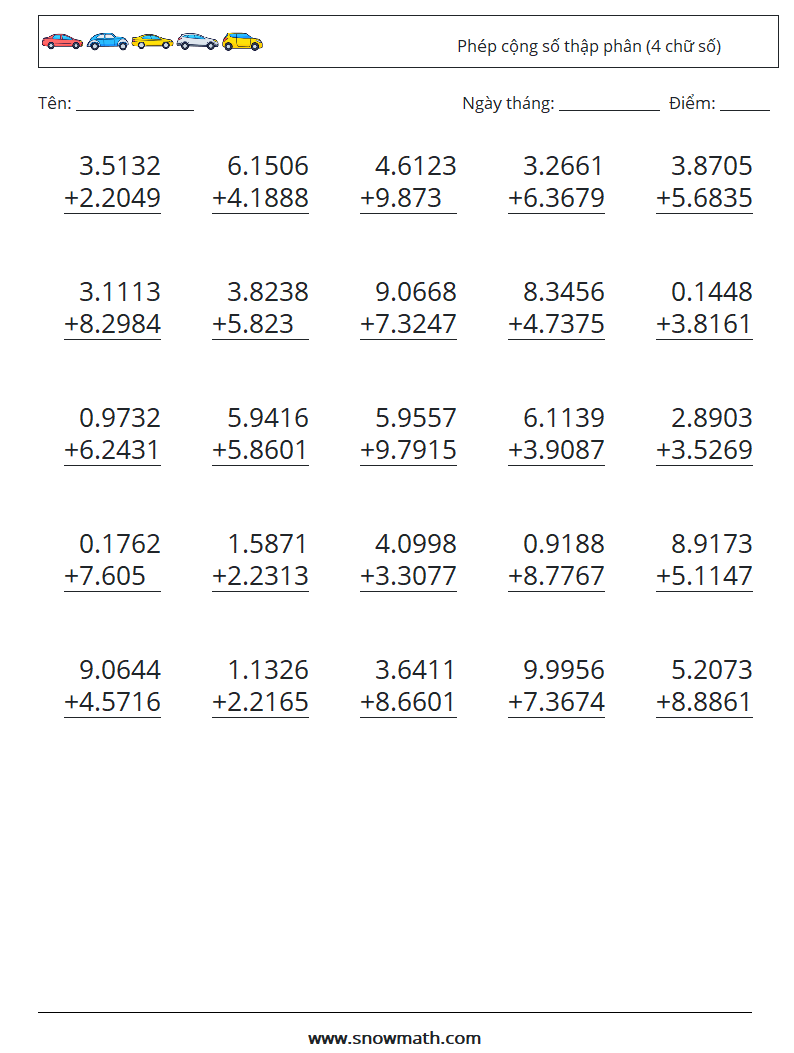 (25) Phép cộng số thập phân (4 chữ số)