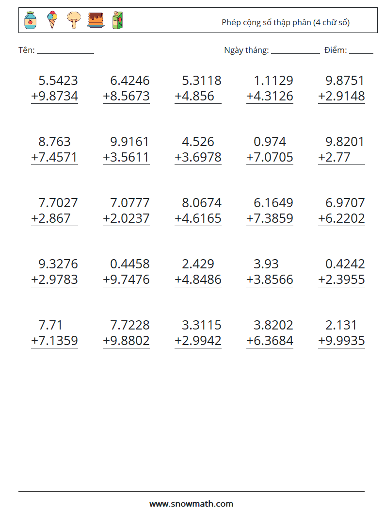 (25) Phép cộng số thập phân (4 chữ số) Bảng tính toán học 14