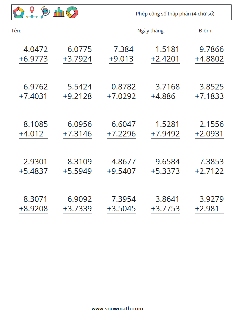 (25) Phép cộng số thập phân (4 chữ số) Bảng tính toán học 16