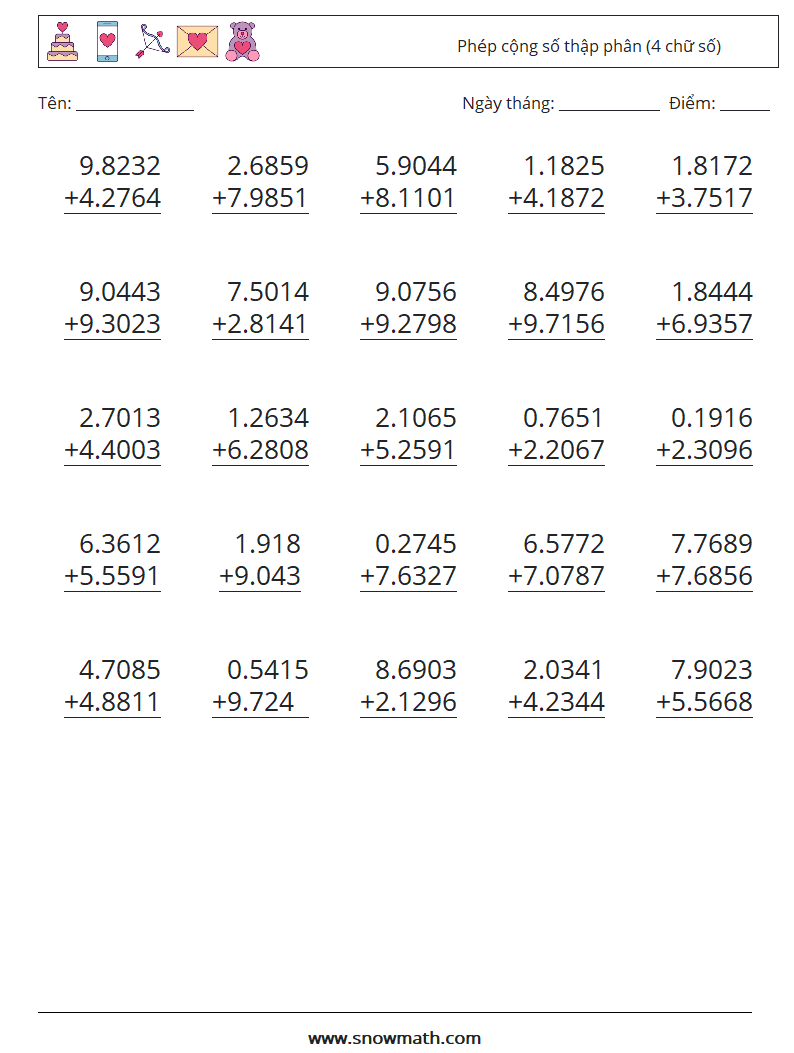 (25) Phép cộng số thập phân (4 chữ số) Bảng tính toán học 17