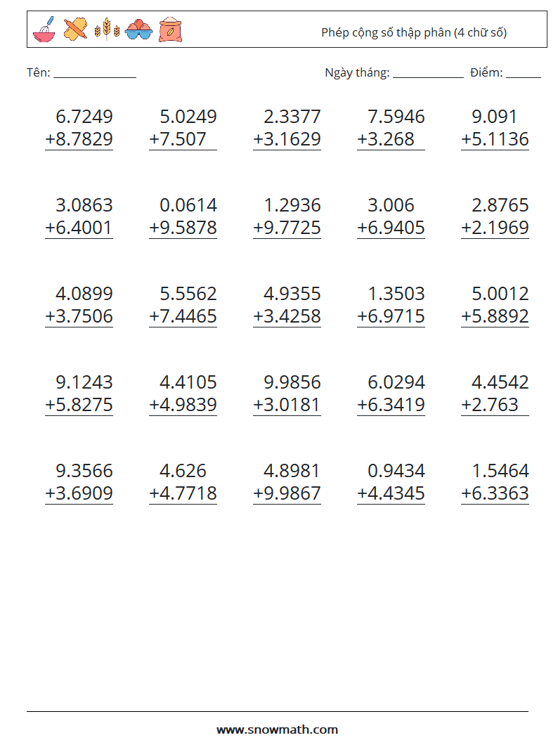 (25) Phép cộng số thập phân (4 chữ số) Bảng tính toán học 2