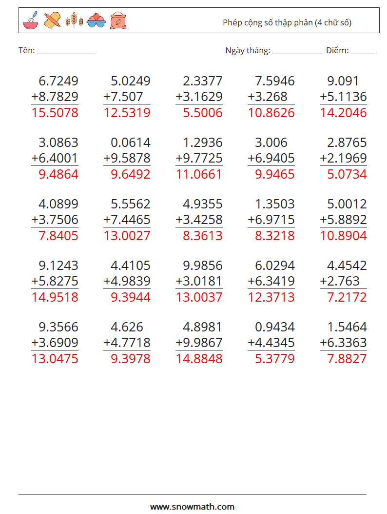 (25) Phép cộng số thập phân (4 chữ số) Bảng tính toán học 2 Câu hỏi, câu trả lời