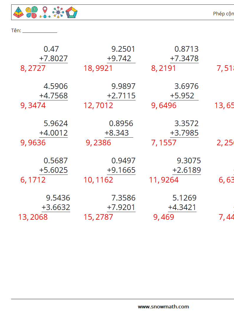 (25) Phép cộng số thập phân (4 chữ số) Bảng tính toán học 3 Câu hỏi, câu trả lời