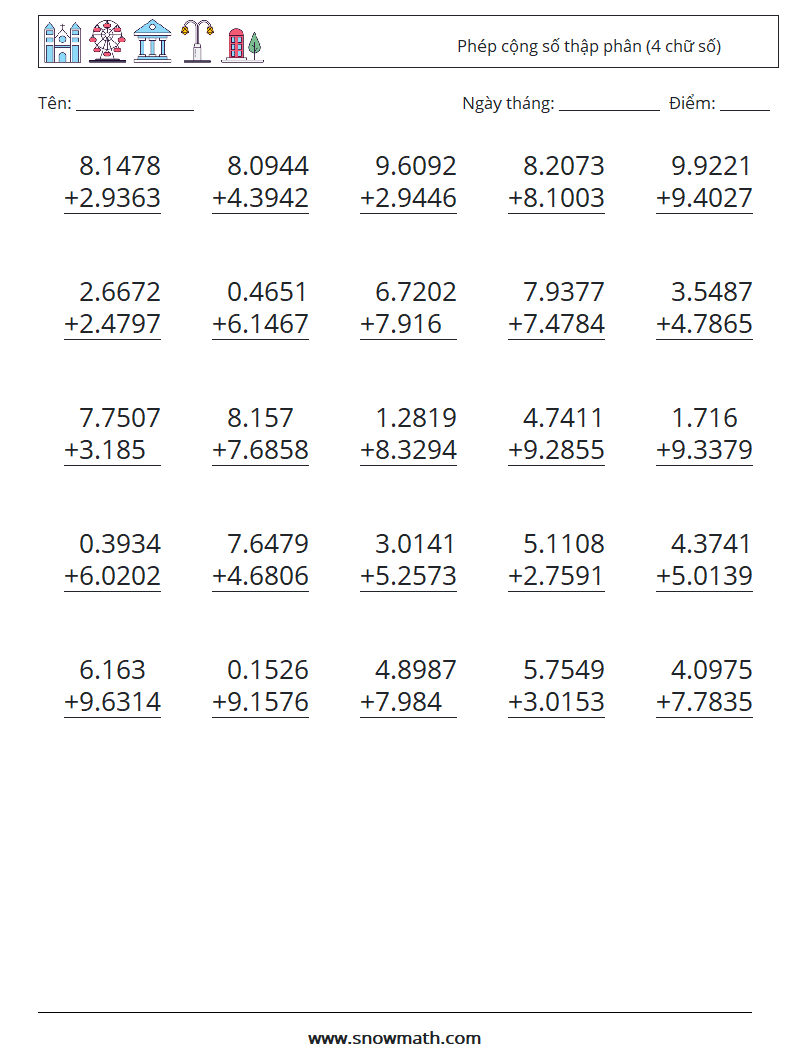 (25) Phép cộng số thập phân (4 chữ số) Bảng tính toán học 4