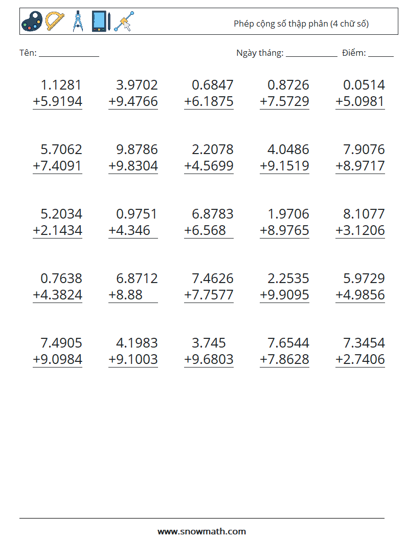 (25) Phép cộng số thập phân (4 chữ số) Bảng tính toán học 5