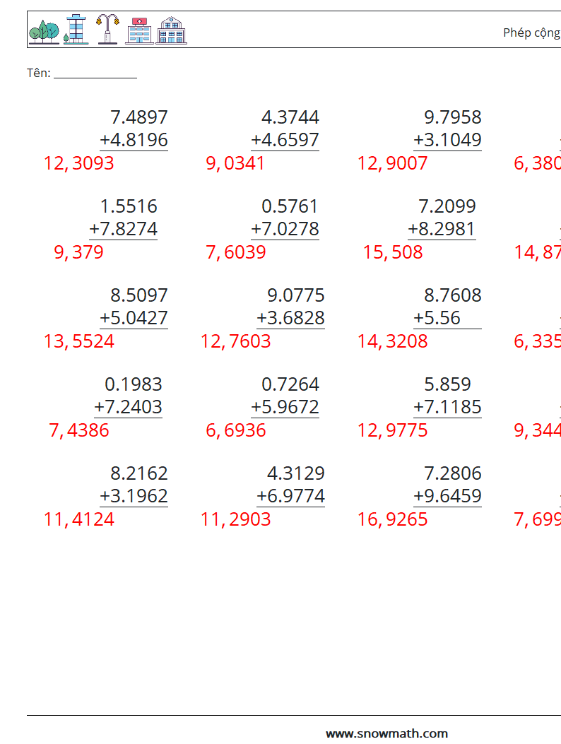 (25) Phép cộng số thập phân (4 chữ số) Bảng tính toán học 6 Câu hỏi, câu trả lời