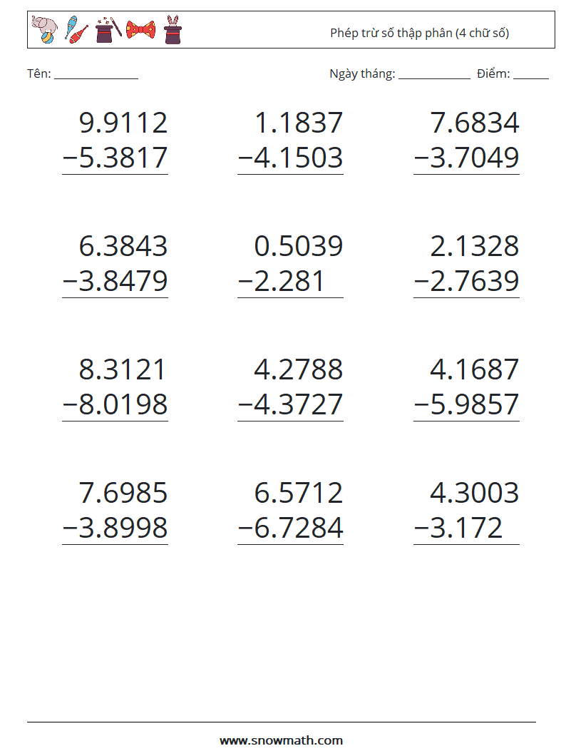 (12) Phép trừ số thập phân (4 chữ số) Bảng tính toán học 10