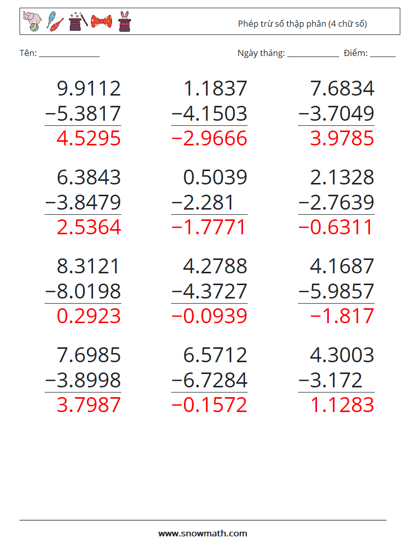 (12) Phép trừ số thập phân (4 chữ số) Bảng tính toán học 10 Câu hỏi, câu trả lời